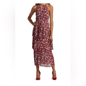 Monique Lhuillier Floral Print Tiered Pleated Halter Midi Dress size 10